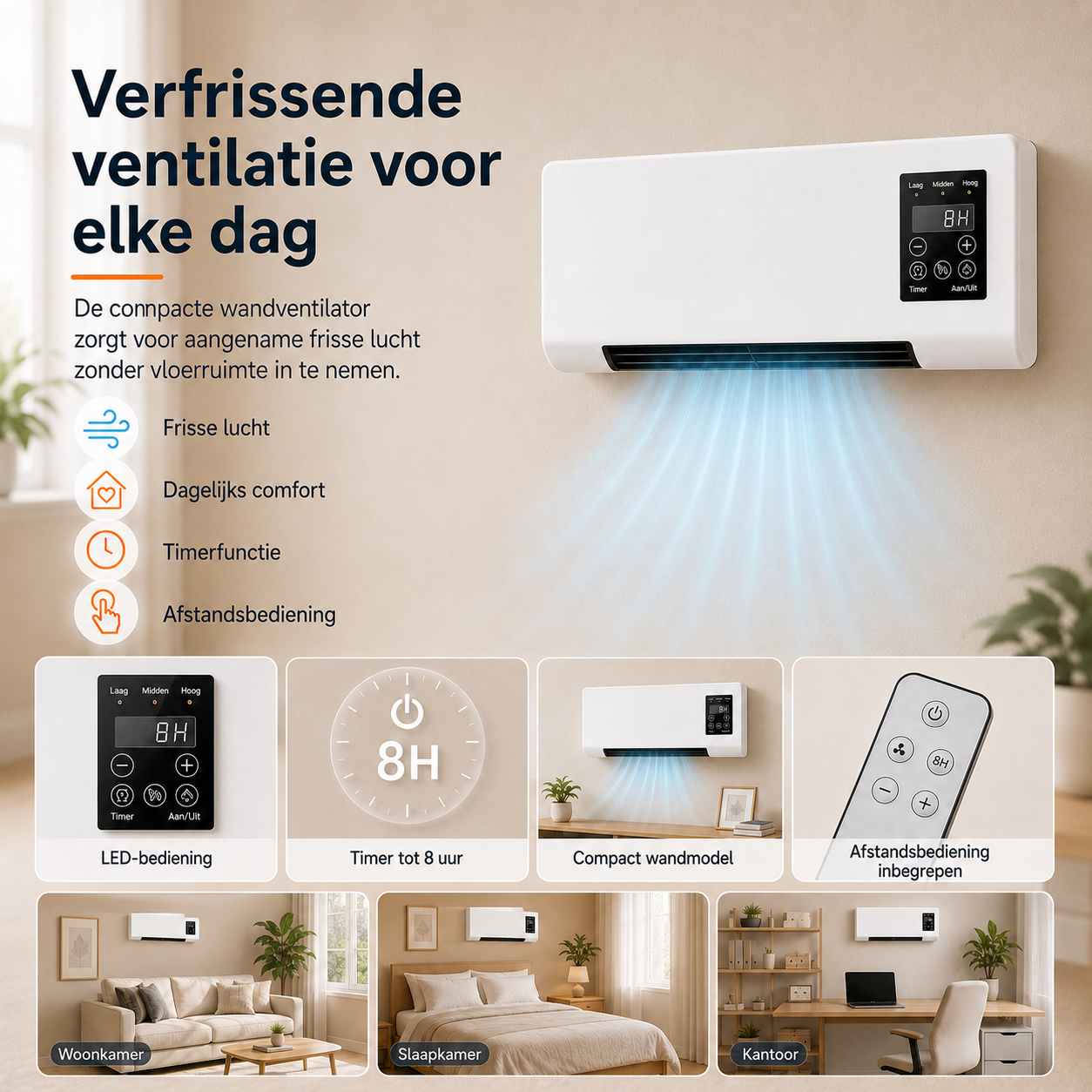 Compacte wandventilator – Draagbare verkoeling met afstandsbediening