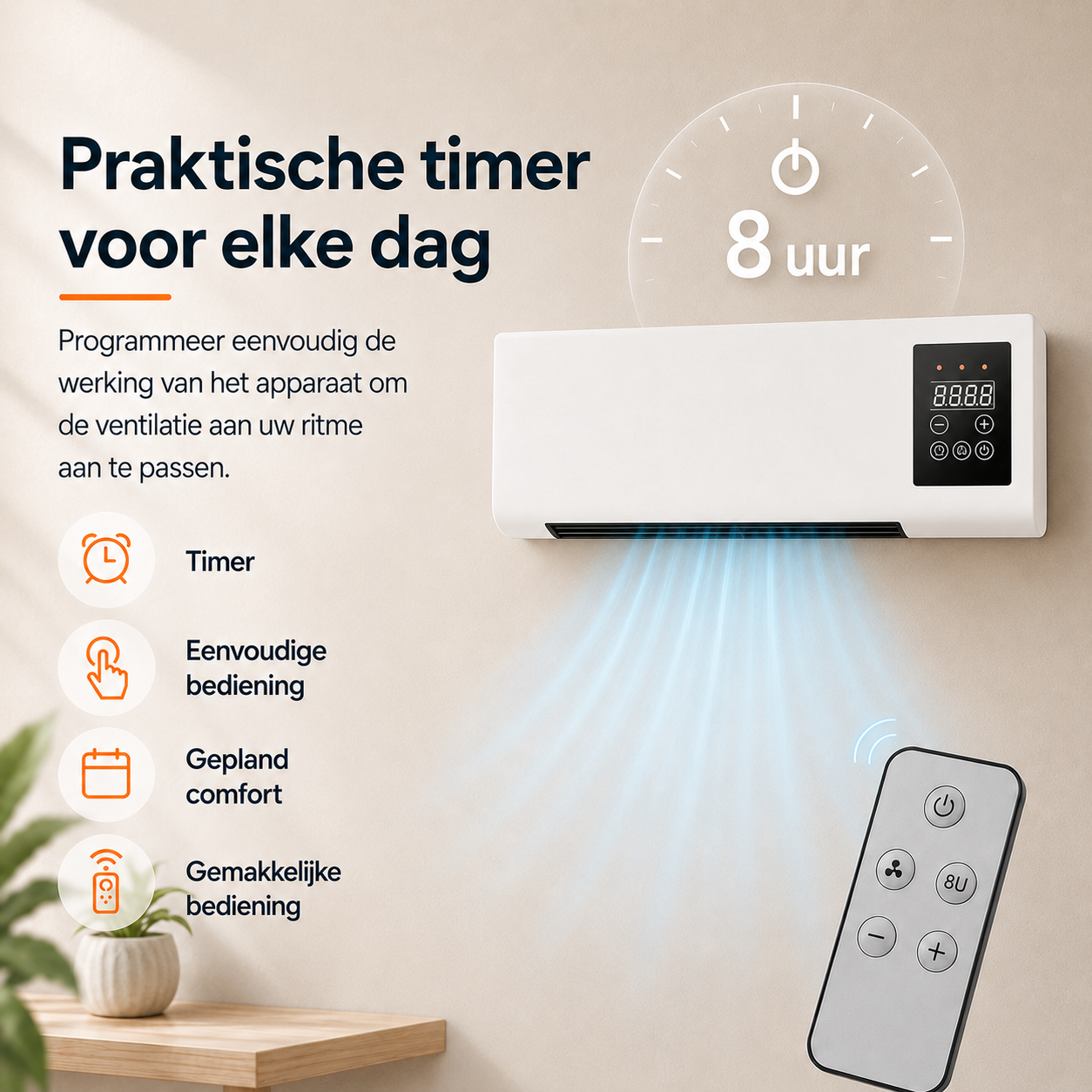 Compacte wandventilator – Draagbare verkoeling met afstandsbediening