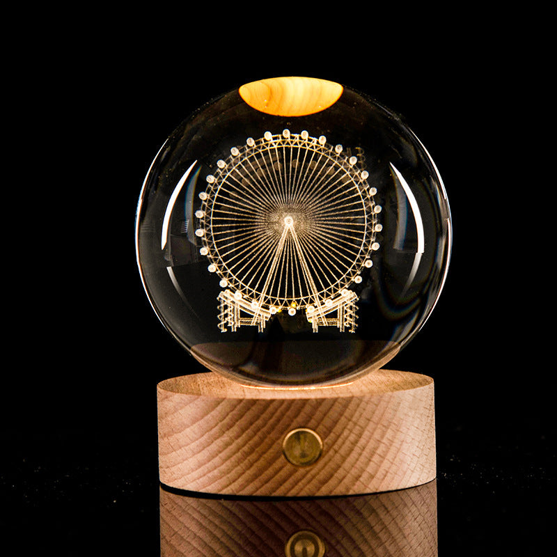 LED 3D Lamp in Kristal – Decoratieve Bol met Houten Basis