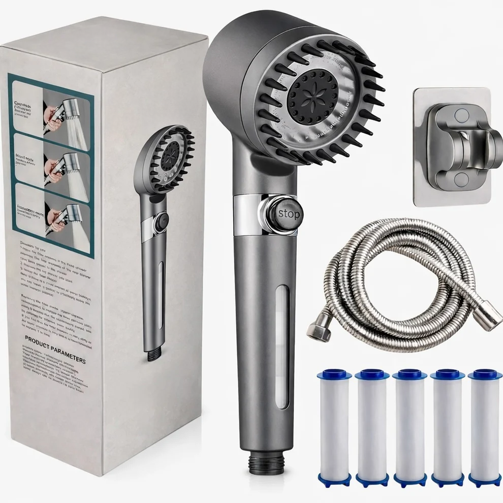 Douchesproeier met filter, 5 filters, 3 spuitstanden en universele pasvorm