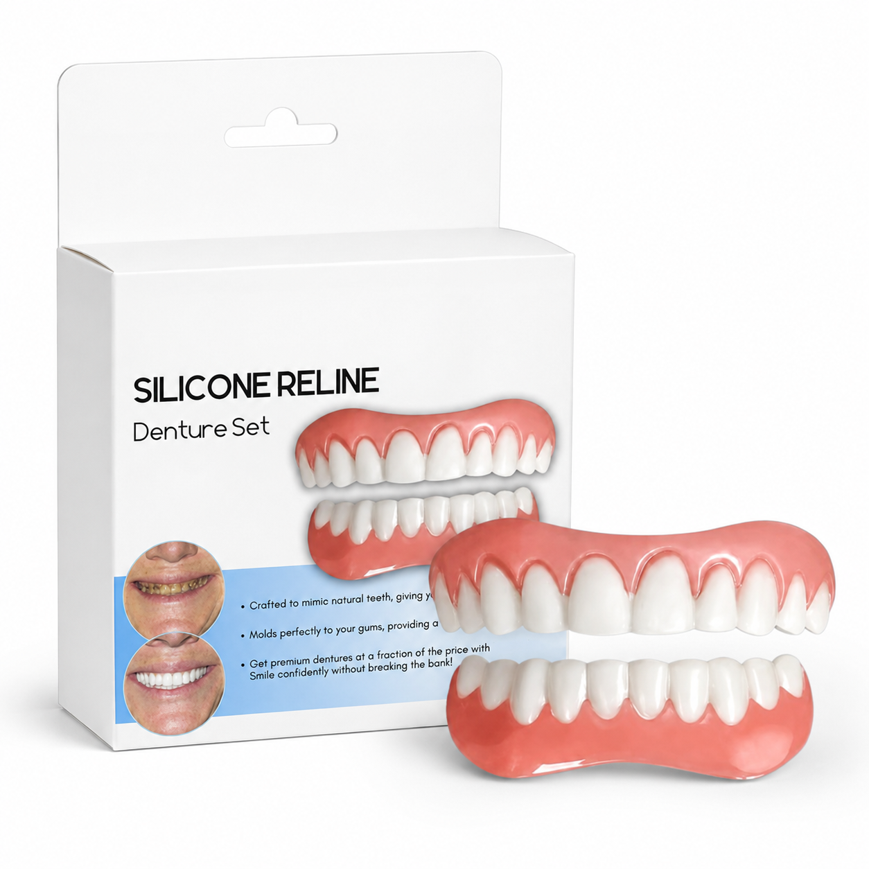 Siliconen relining-set voor tandprotheses met boven- en onderprothese en verpakking op witte achtergrond