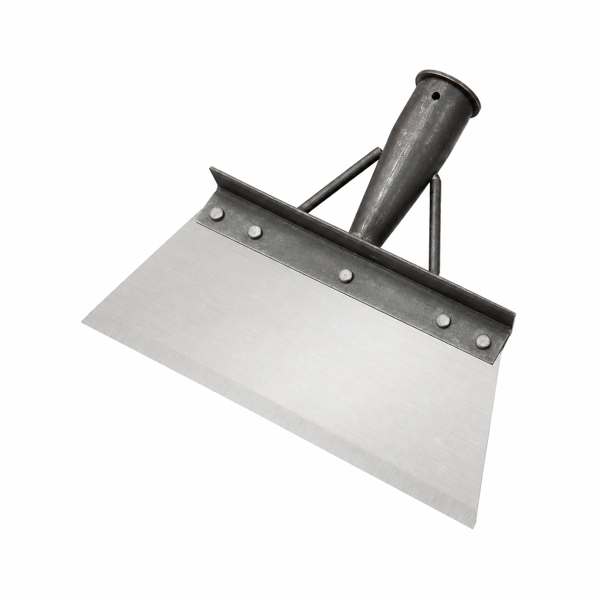 All-in-1 metalen tuinschep met breed roestvrijstalen blad en verstevigde steelhouder op witte achtergrond