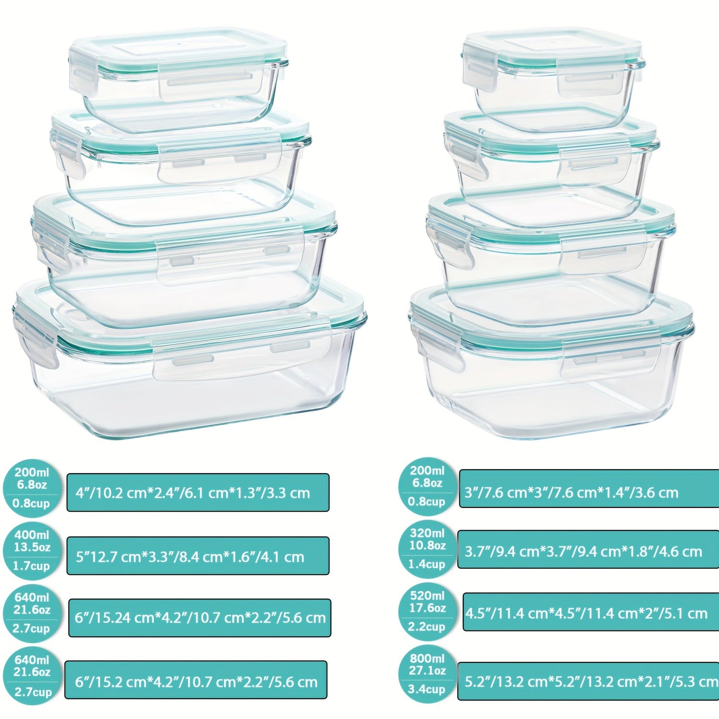 Skanto | 8-Pack Glazen Maaltijdcontainers – Luchtdichte Maaltijd Voorbereiding Bento-dozen met lekvrije, vergrendelbare deksels, magnetron-, oven-, vriezer- en vaatwasmachinebestendig, BPA-vrij