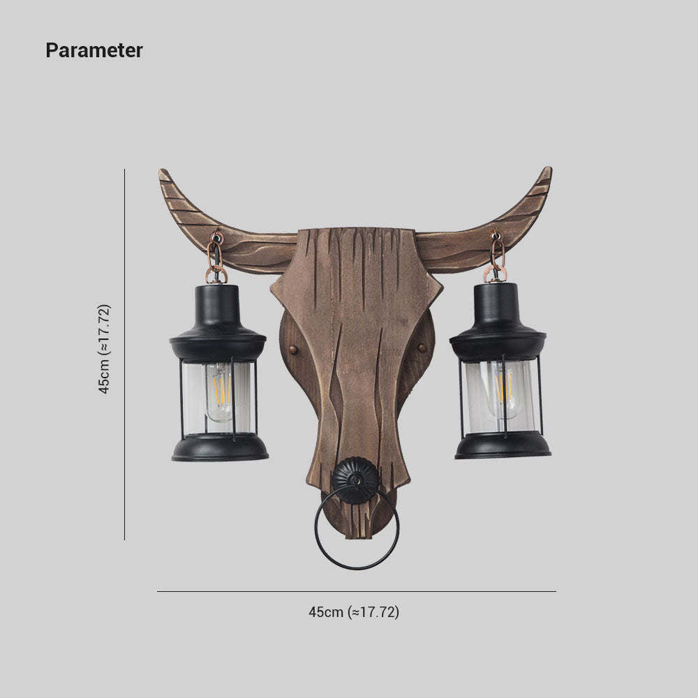 Austin Wandlamp Bull Shape Vintage, 2 Koppen Hout/Metaal, Slaapkamer