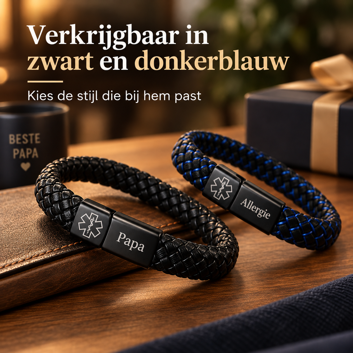 Custom AlertBand | Gepersonaliseerde Medische ID Armband – Cadeau voor Vader of Echtgenoot