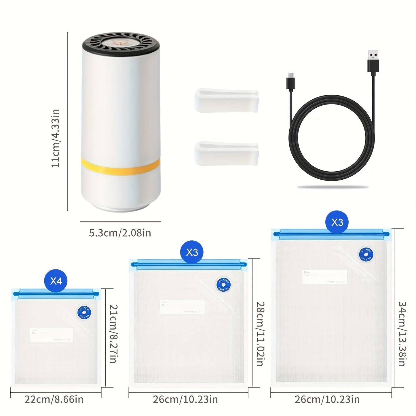 Skanto | Handheld elektrische vacuümapparaat met vacuümopslagzakken – Inclusief 3 maten (4x8,5", 3x11", 3x13,5"), vacuümverzegelde zipzakken en elektrische pomp