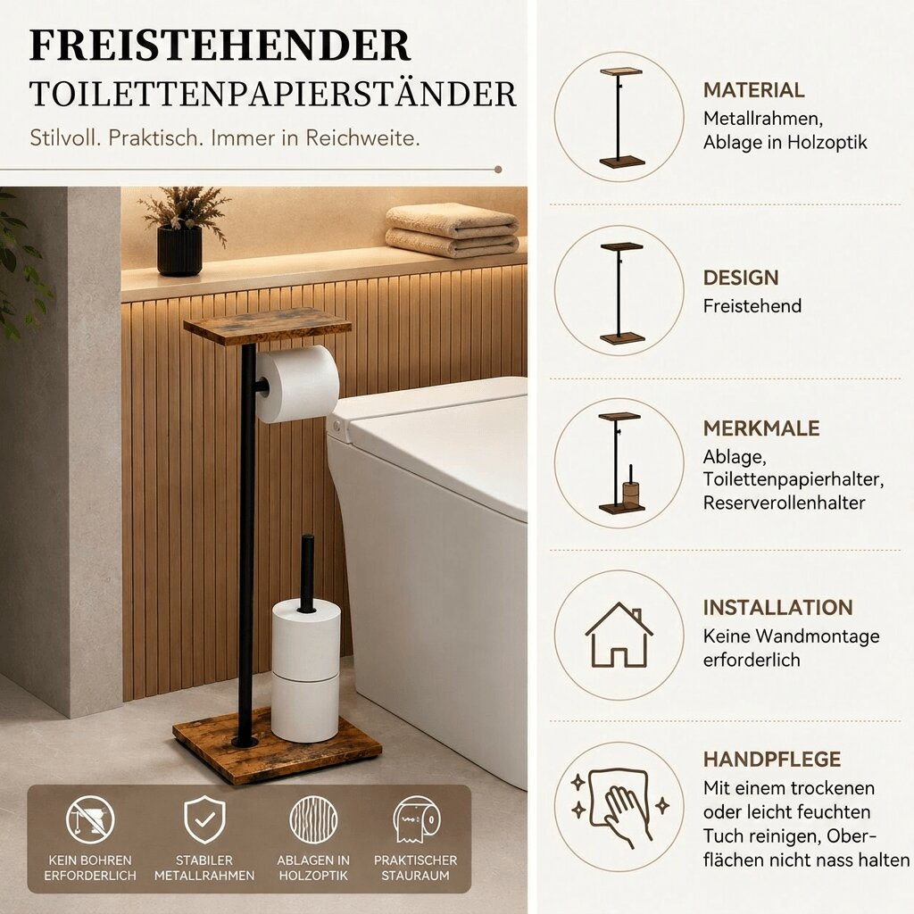 Vrijstaande toiletpapierhouder met opbergruimte | Opbergruimtekron