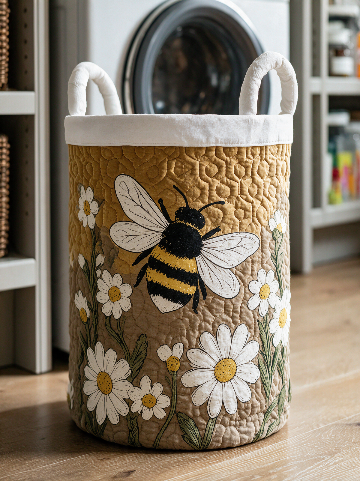 Vadderad wasmand met madeliefjes en bij, met handvatten van canvas, staat zelfstandig
