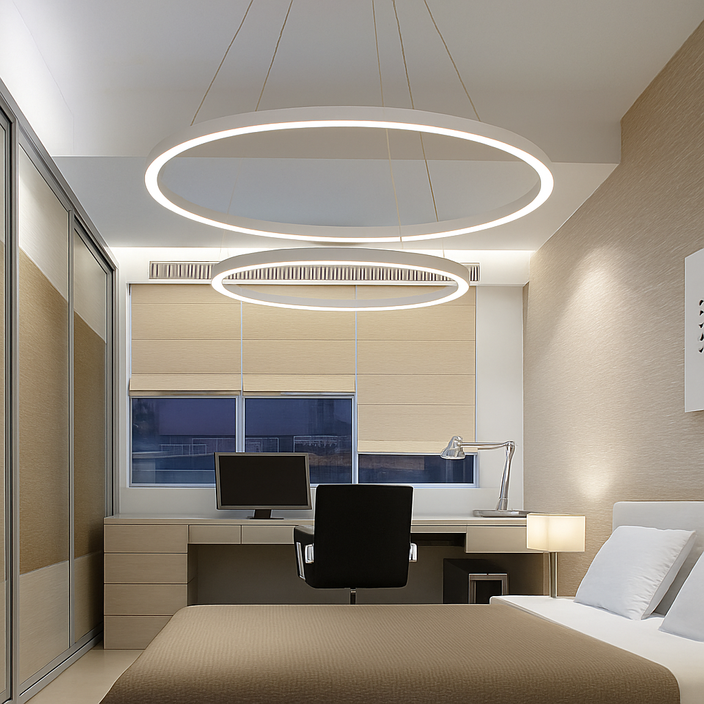 Lusterontwerp met ingeklemde ringen, hangend aan LED