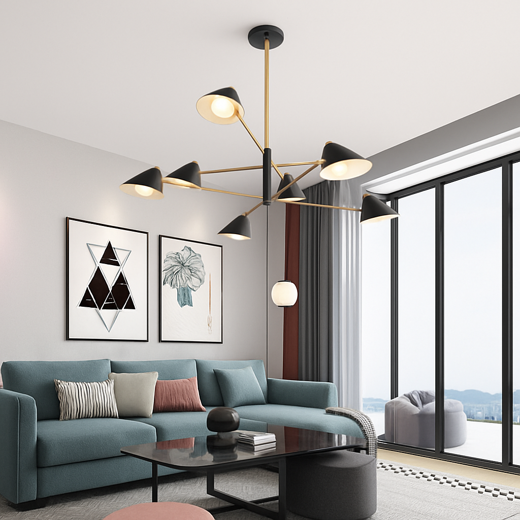 Lustre ontwerp met LED en meerdere driehoekige lampenkappen in Loft-stijl