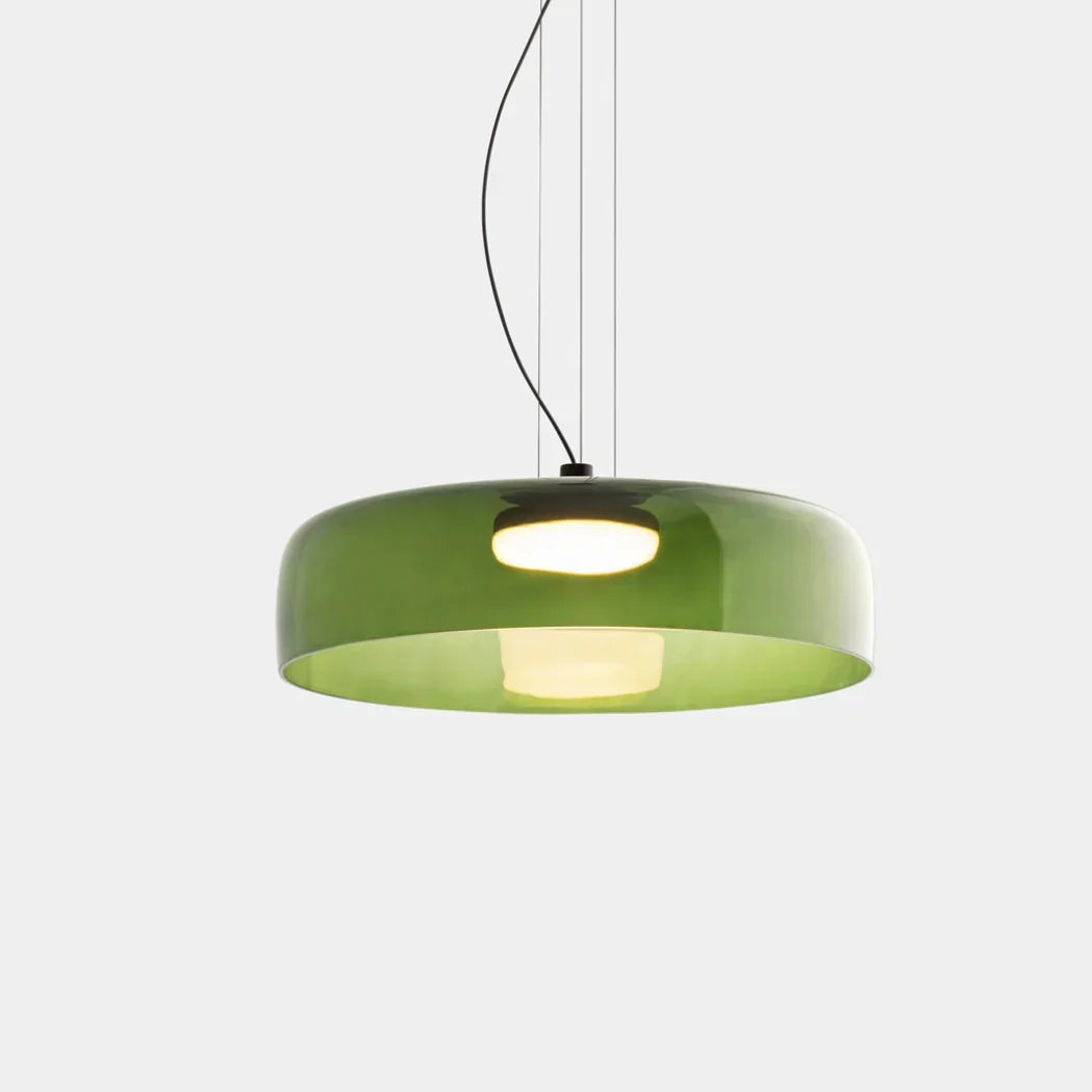 Moderne glazen hanglamp met gelaagd lampenkap – design geïnspireerd op retro stijl