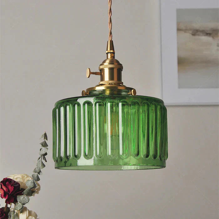 Vintage glazen hanglamp met gestreepte kap en gouden afwerking
