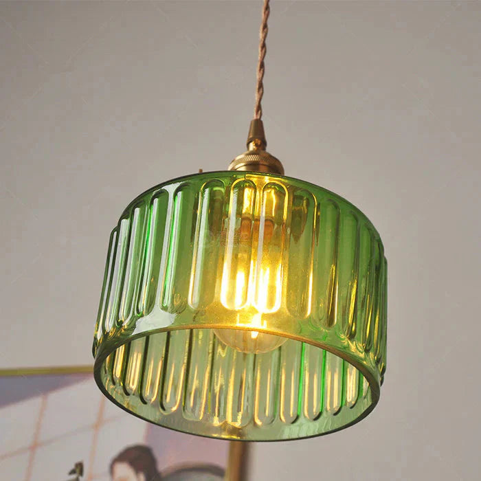 Vintage glazen hanglamp met gestreepte kap en gouden afwerking