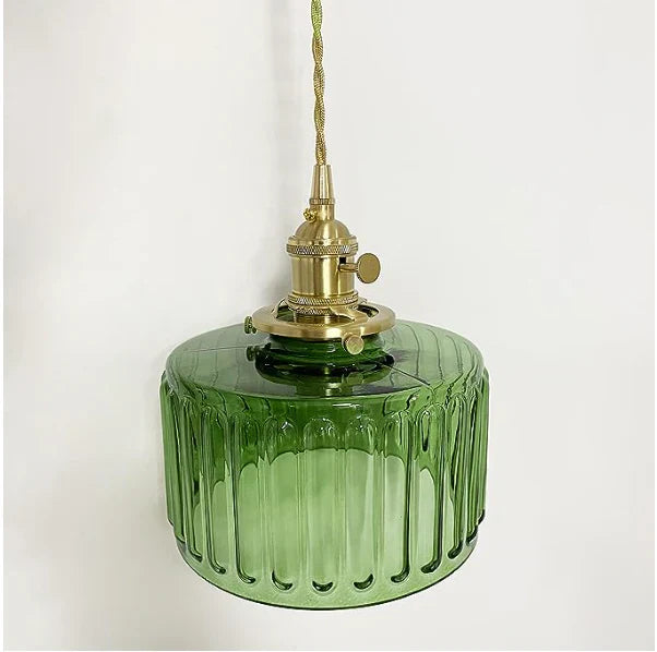 Vintage glazen hanglamp met gestreepte kap en gouden afwerking