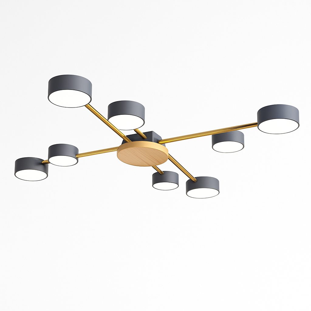 Plafonnier LED design in metaal en hout met meerdere ronde lampen Aibiou