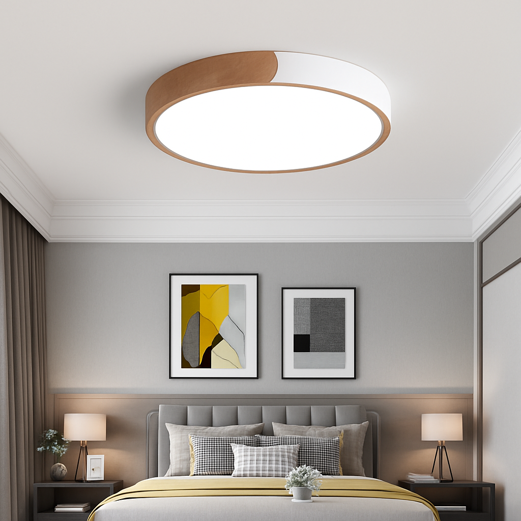 Ronde LED plafondlamp van metaal en gebogen hout Macaron