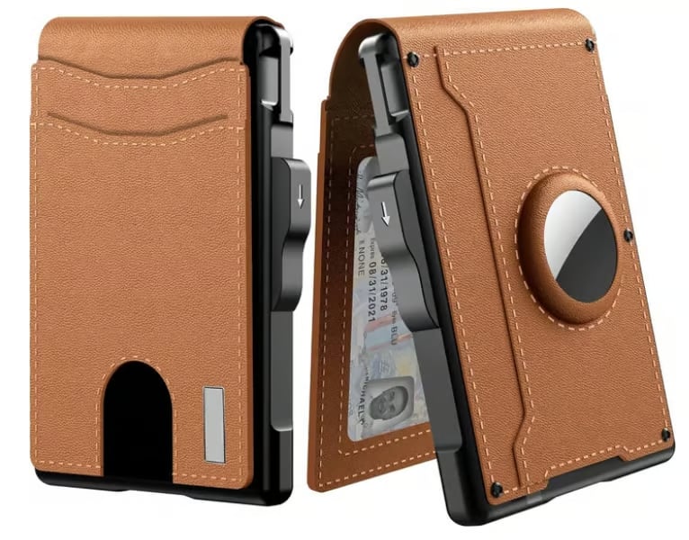 Pop Up aluminium tas Geld Clip Slanke Lederen Slots Creditcardhouder RFID Blokkerende Bifold Minimalistische Portemonnee