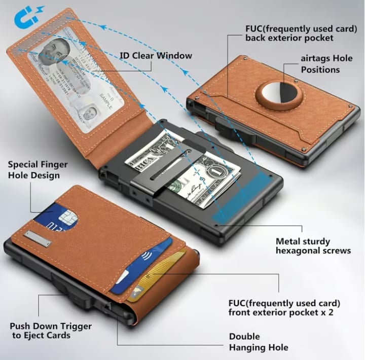 Pop Up aluminium tas Geld Clip Slanke Lederen Slots Creditcardhouder RFID Blokkerende Bifold Minimalistische Portemonnee
