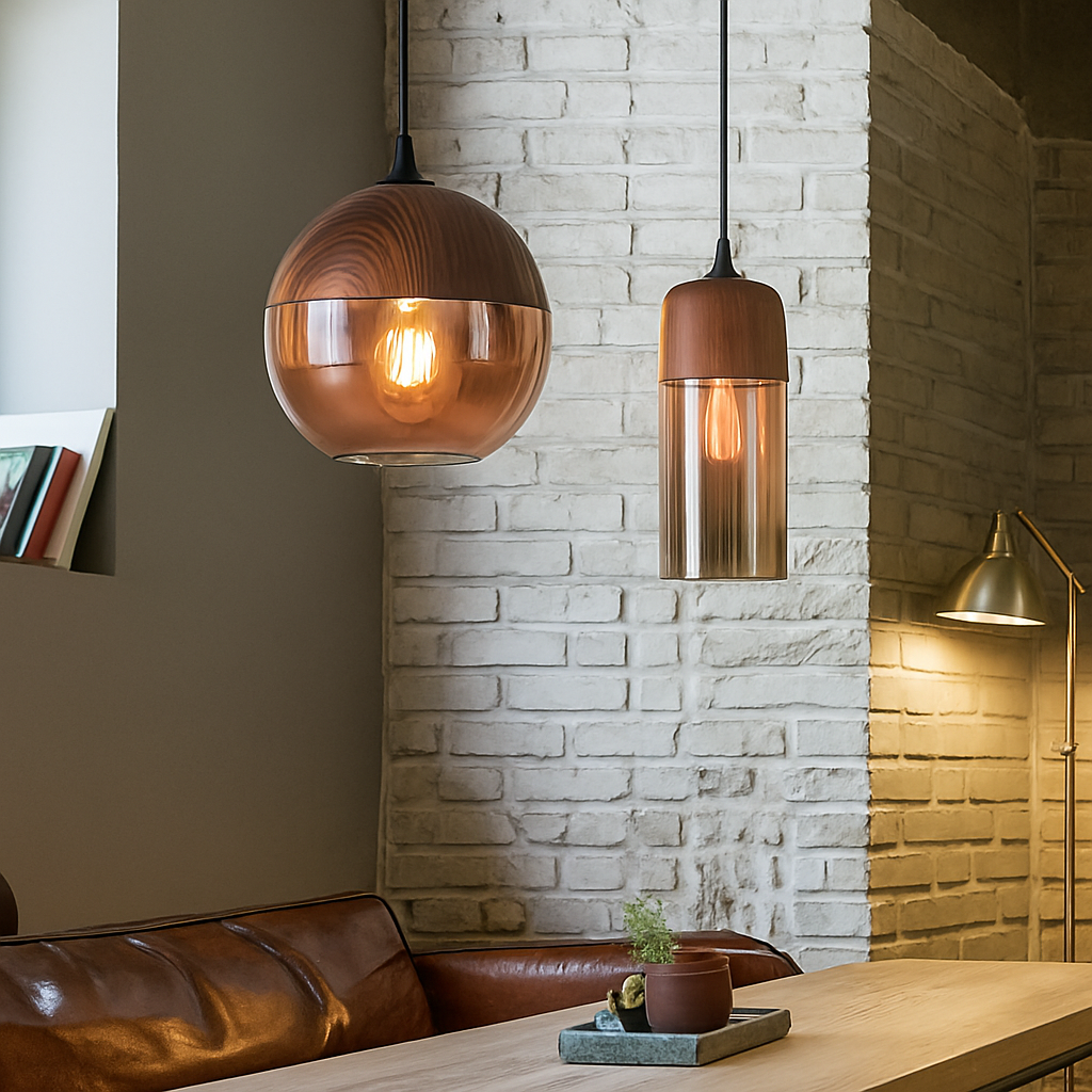 Houten en glazen retro loft hanglamp