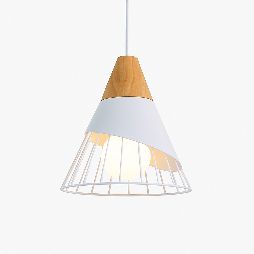 Design hanglamp van hout met gekleurde kooi