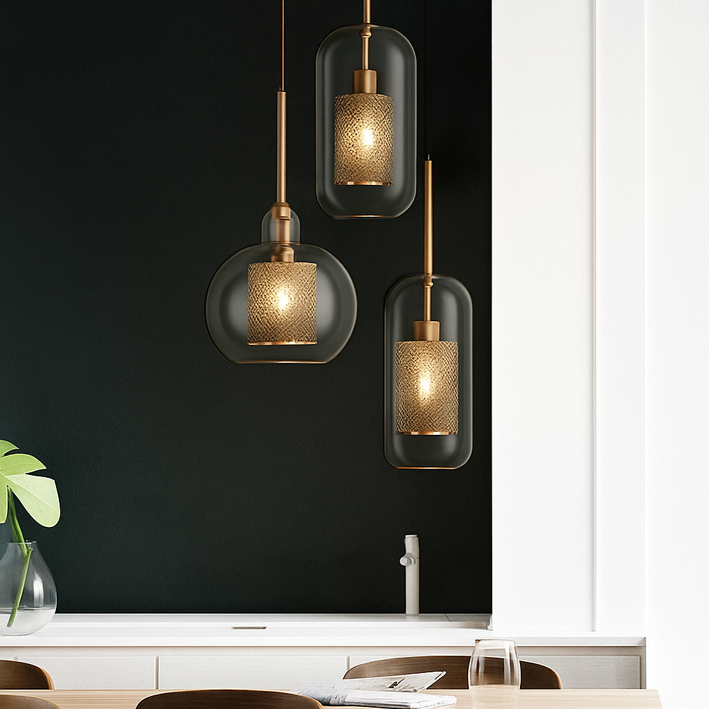 Ontwerp hanglamp van LED en glas met gouden lamp