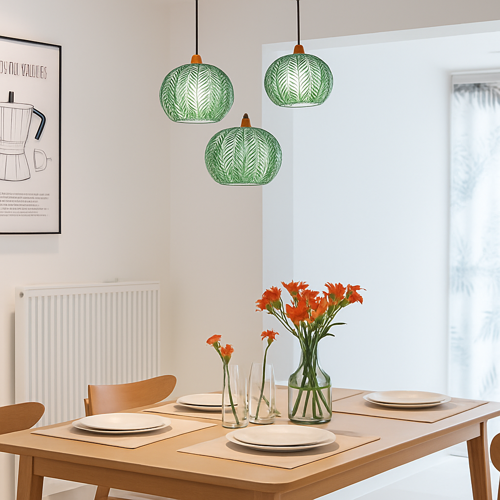 Noordse glazen hanglamp met kleurrijk bladerenpatroon