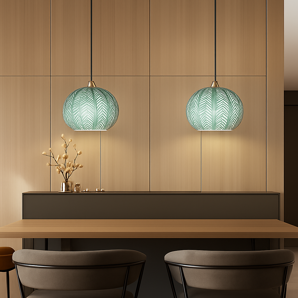 Noordse glazen hanglamp met kleurrijk bladerenpatroon