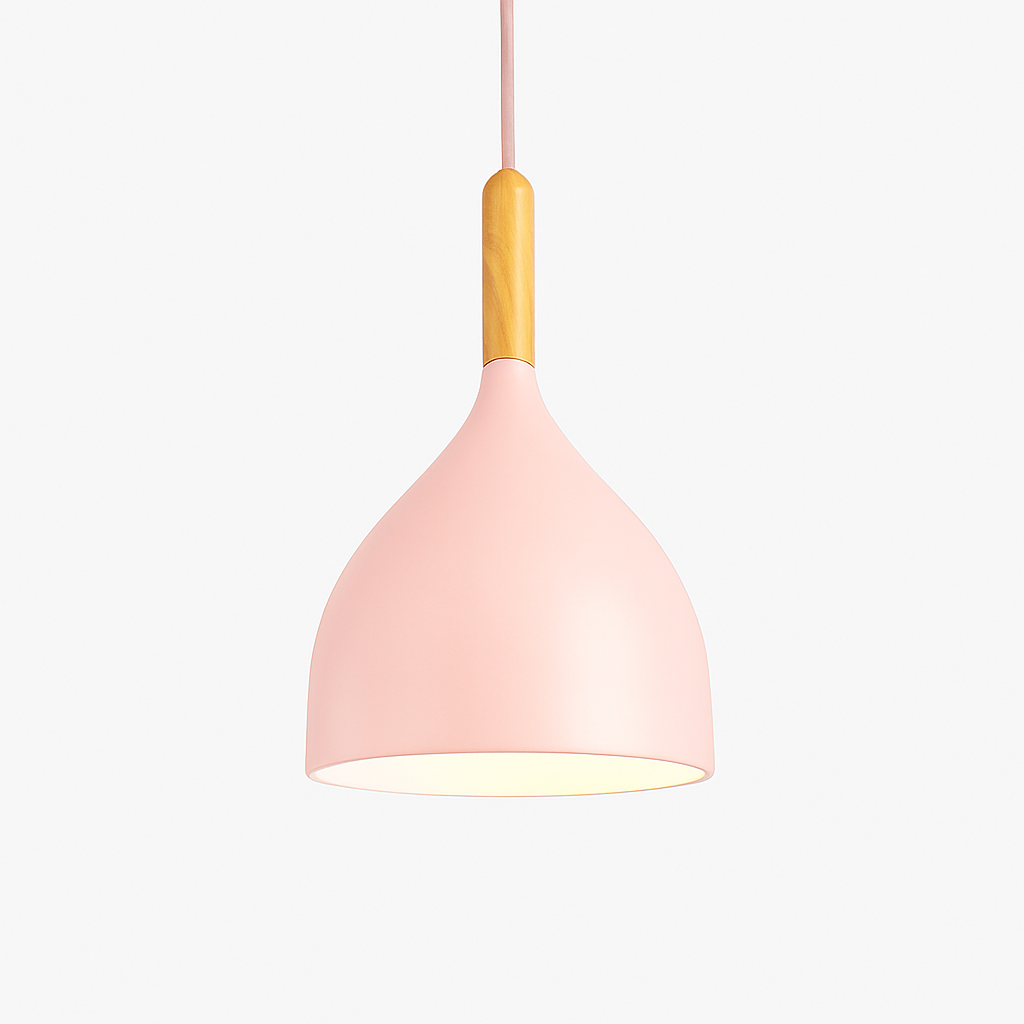 Kleurrijke metalen LED hanglamp en houten Nordic stok