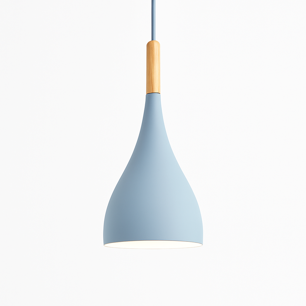 Kleurrijke metalen LED hanglamp en houten Nordic stok