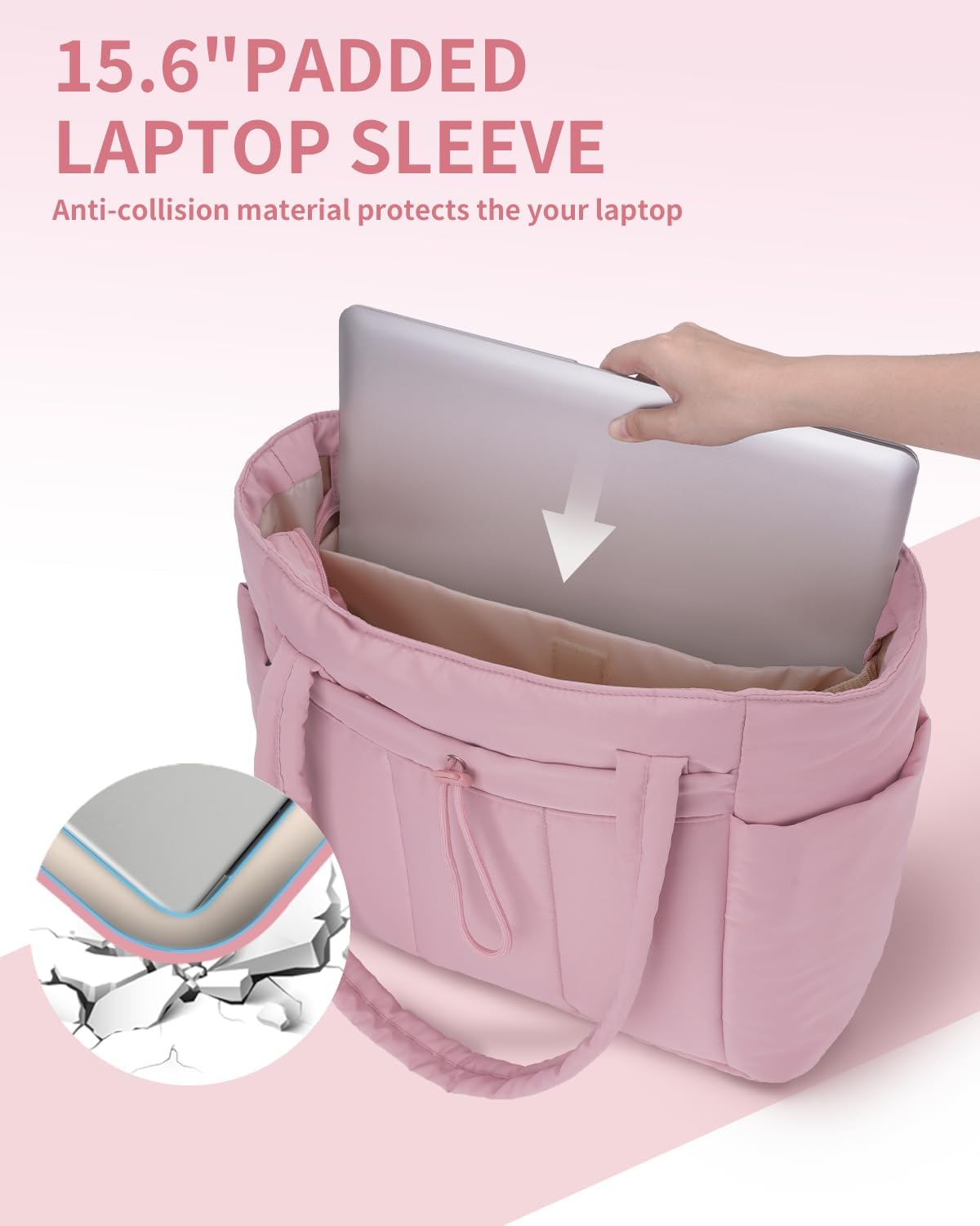 Gevoerde puffer-tas met bekerhouder en laptopvak voor reizen en werk.