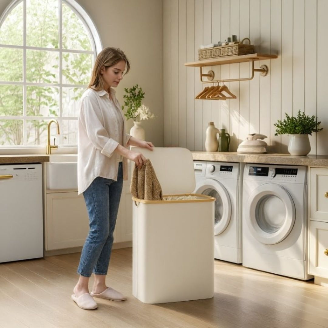 Wasmand met Deksel | Wasverzamelaar met 3 Vakken in Zwart, Beige & Grijs | WasBox