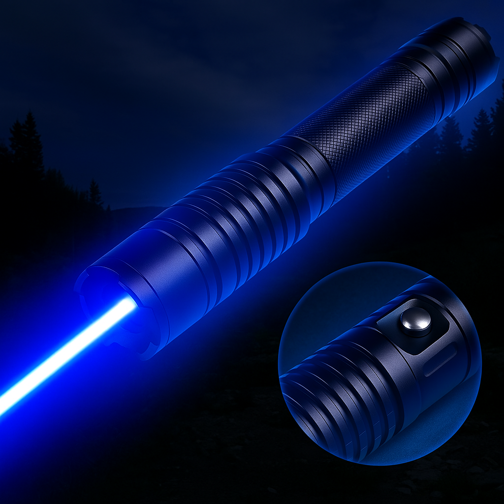 Blauwe Laser Fakkel | 450nm Hoge-Intensiteit Optische Uitgang | Tactisch 5000m+ Bereik | Verstelbare Focus Aluminium Behuizing | Thermische Ontsteking Mogelijke Zaklamp