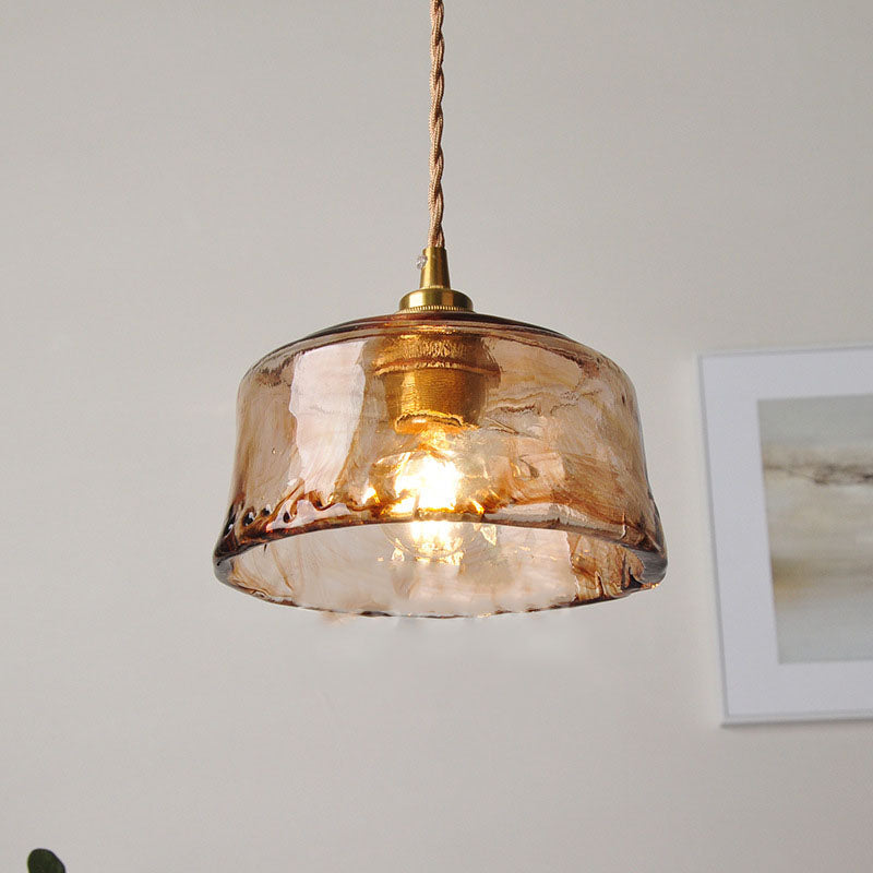 Vintage Amber Ronde Glazen Messing Hanglamp 1-Licht