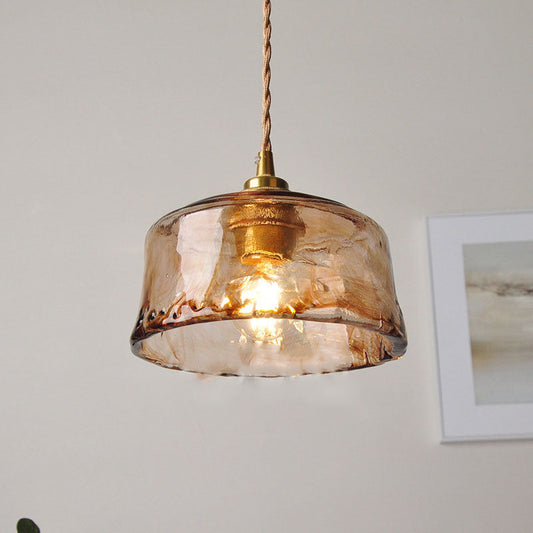 Vintage Amber Ronde Glazen Messing Hanglamp 1-Licht