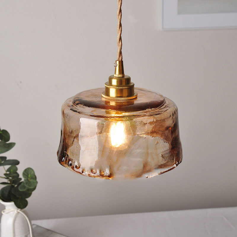 Vintage Amber Ronde Glazen Messing Hanglamp 1-Licht
