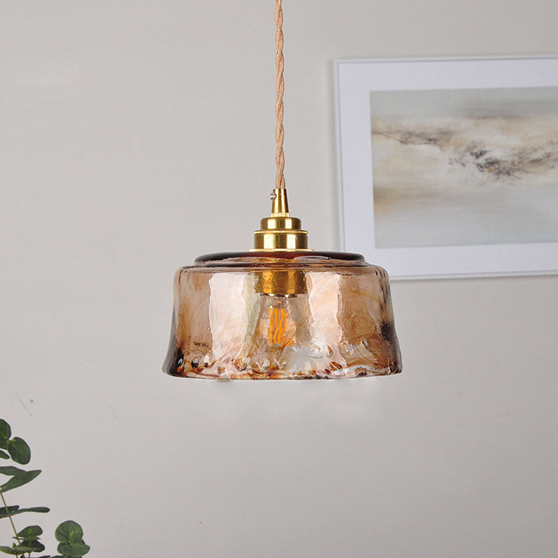 Vintage Amber Ronde Glazen Messing Hanglamp 1-Licht