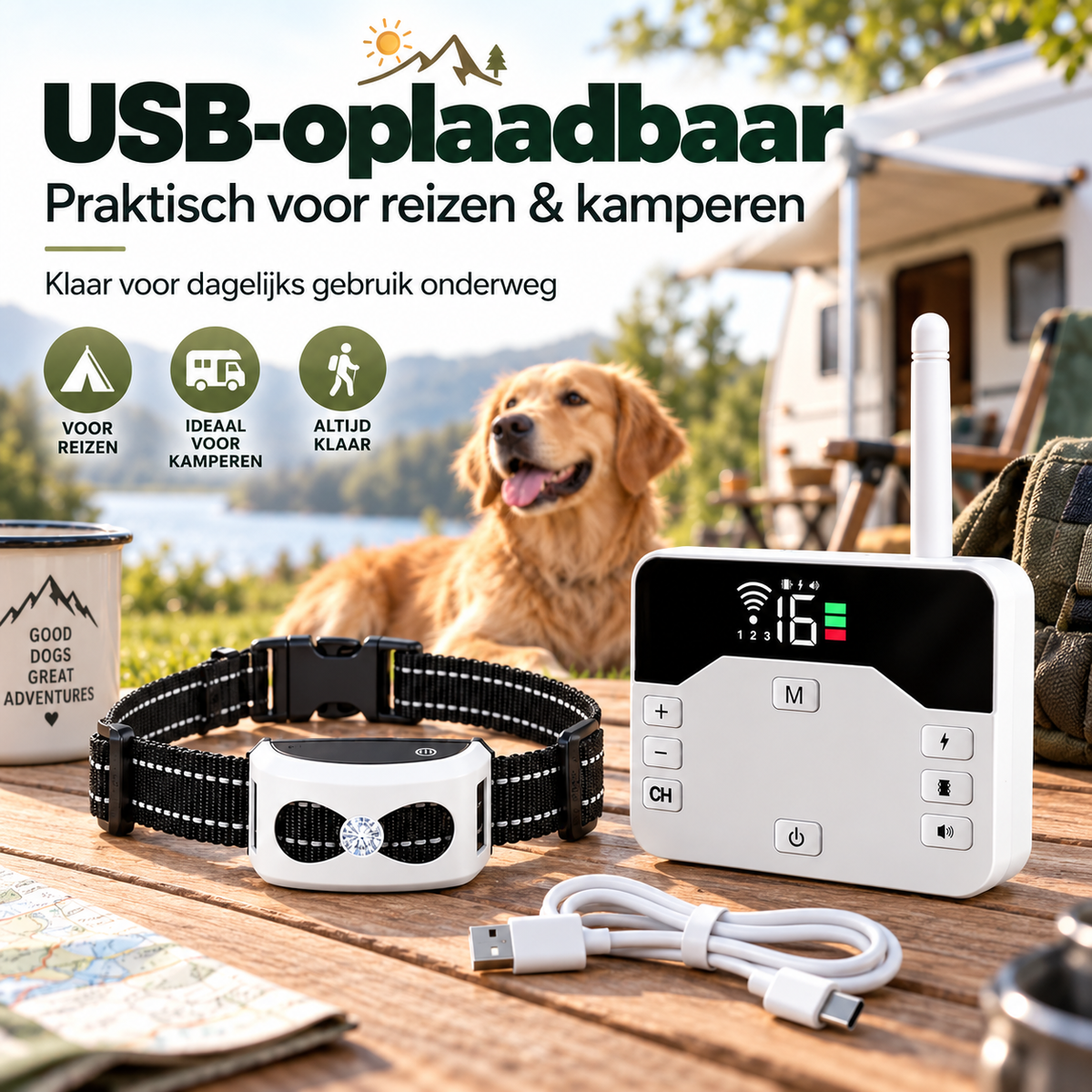 Draadloze Hondenomheining voor Camping & Caravan – 2-in-1 Trainingshalsband