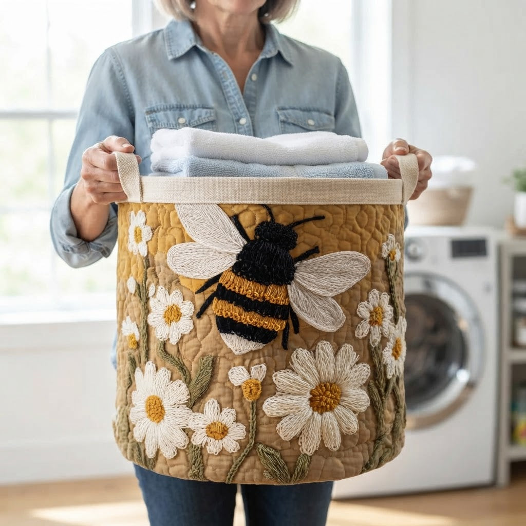Vadderad wasmand met madeliefjes en bij, met handvatten van canvas, staat zelfstandig