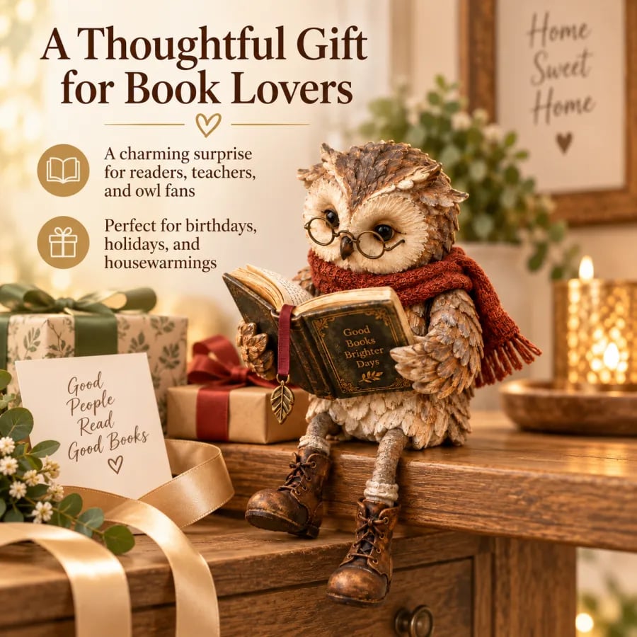 Decoratieve uilfiguur met bril, boek en sjaal. Gezellig cadeau voor boekenliefhebbers