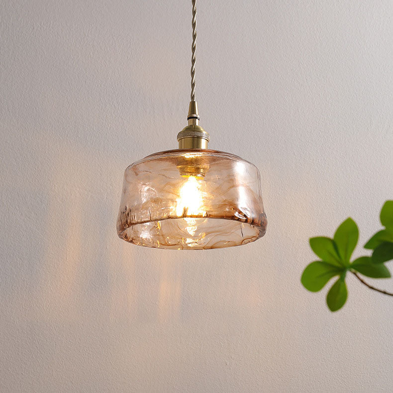 Vintage Amber Ronde Glazen Messing Hanglamp 1-Licht