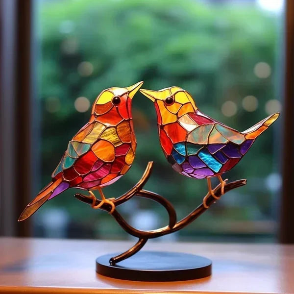 Moderne vogel tafel sculptuur met gekleurd glas en decoratief kunstontwerp