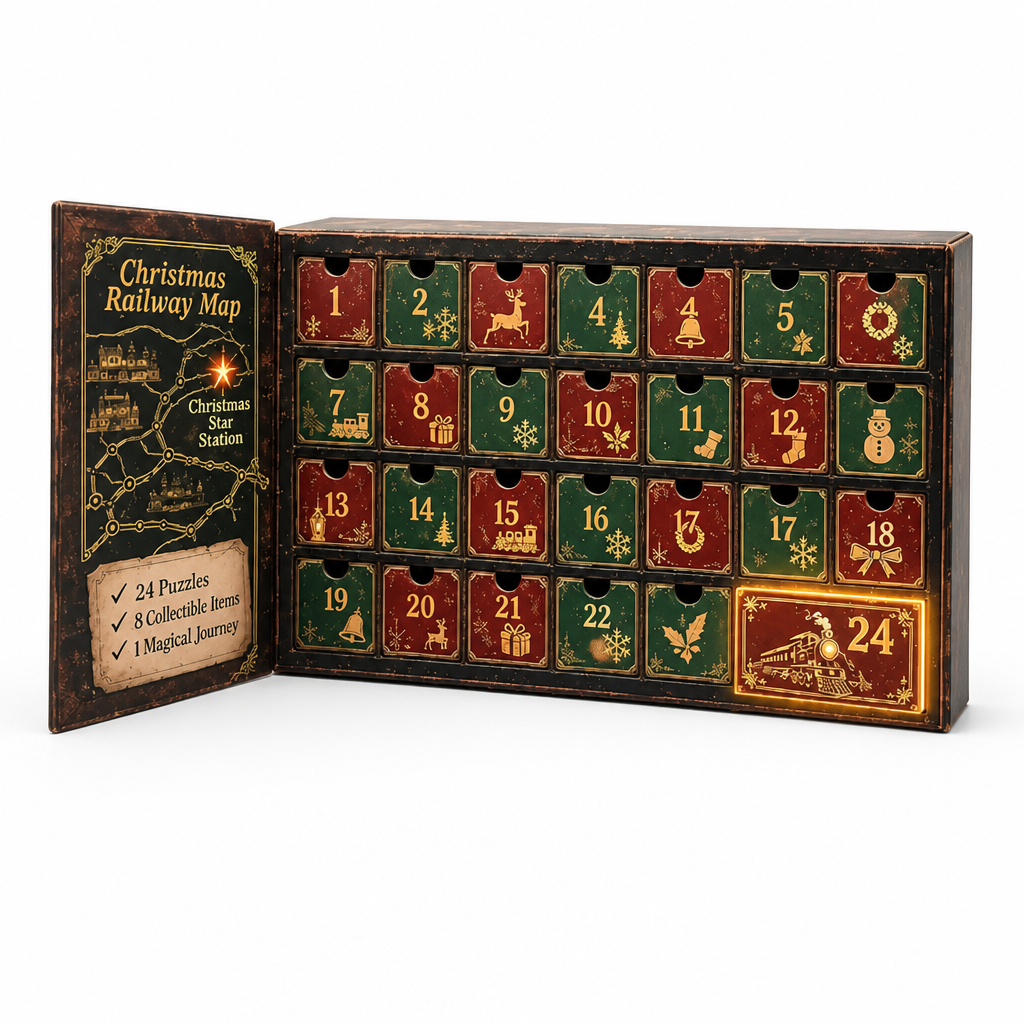 24-dagen escape room puzzel adventskalender met 6 mysterie-thema's