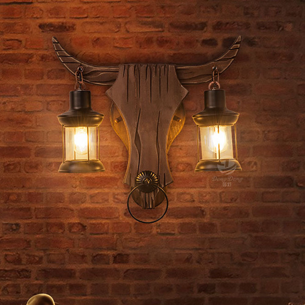 Austin Wandlamp Bull Shape Vintage, 2 Koppen Hout/Metaal, Slaapkamer