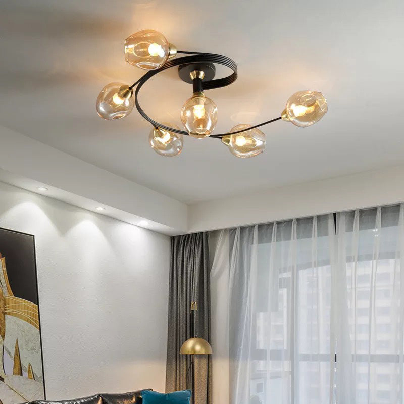Valentina Flush Mount Plafondlamp, Glas, Zwart/Goud, Eetkamer