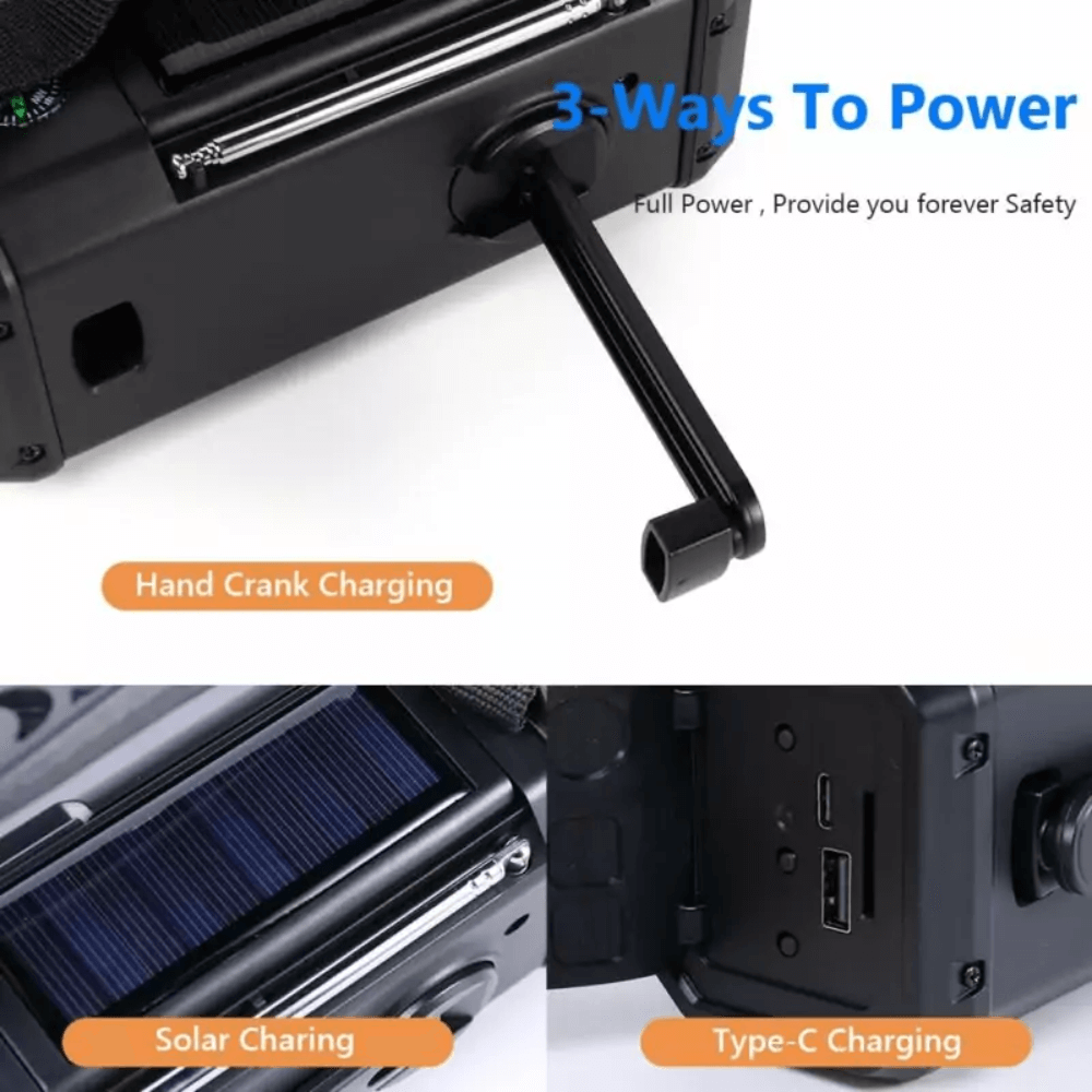 10.000mAh Noodradio – Zonne-energie, Handcrank & Powerbank in Eén