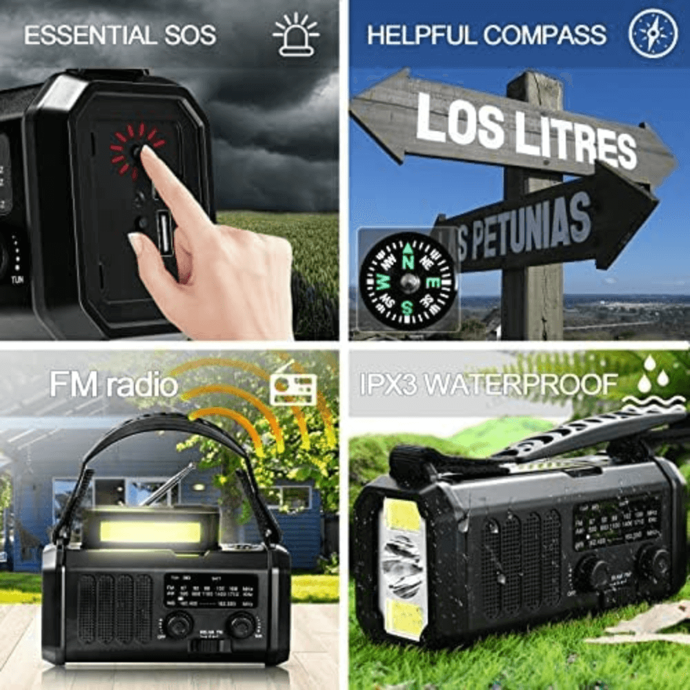 10.000mAh Noodradio – Zonne-energie, Handcrank & Powerbank in Eén