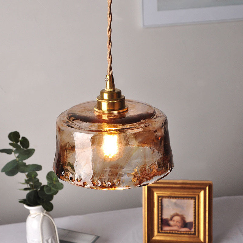 Vintage Amber Ronde Glazen Messing Hanglamp 1-Licht