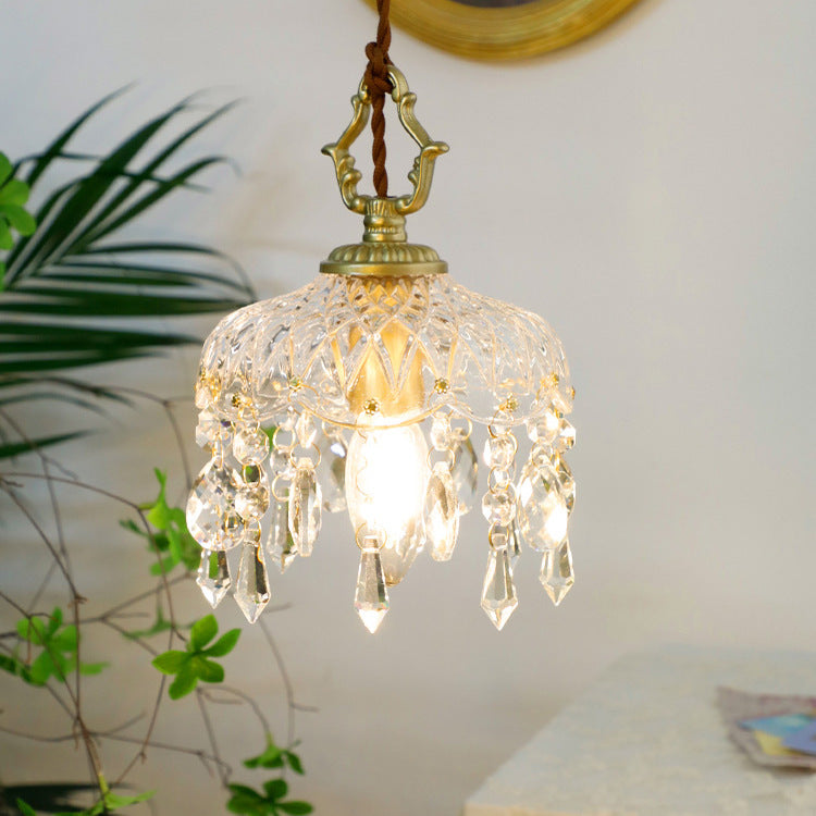 Vintage Koperen Kristallen Bloem Pendant Licht | 1-Licht