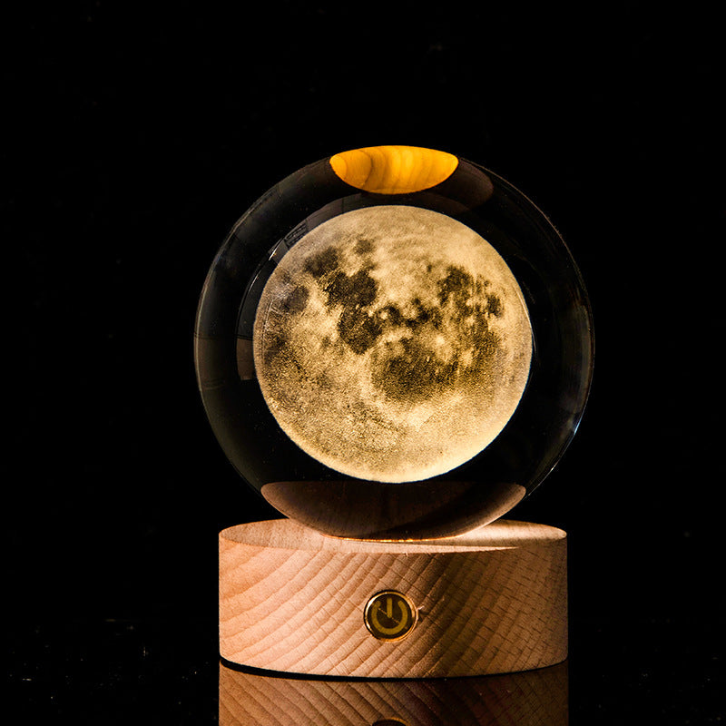 LED 3D Lamp in Kristal – Decoratieve Bol met Houten Basis