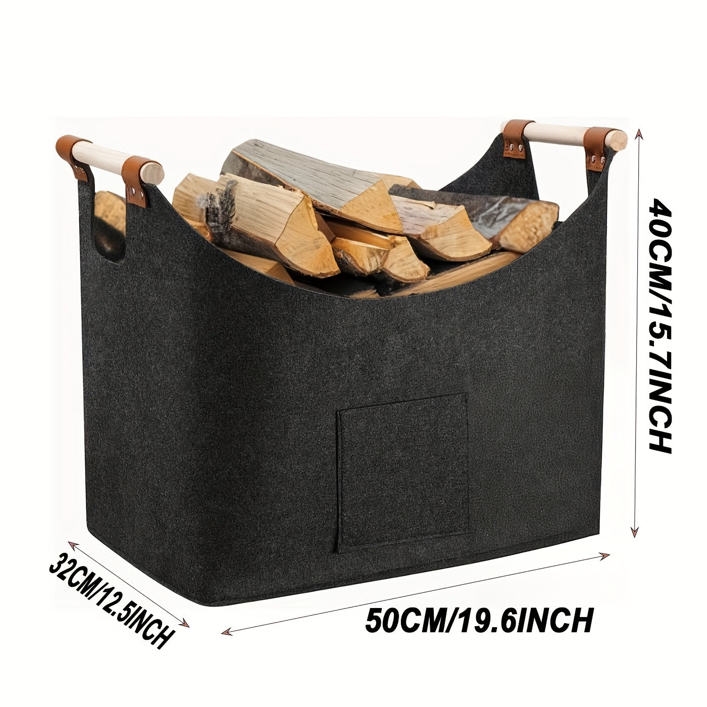 Filz-Kaminholzkorb FELDURA | Vouwbaar | 55L Volume | Met houten handvatten & leren details | Donkergrijs